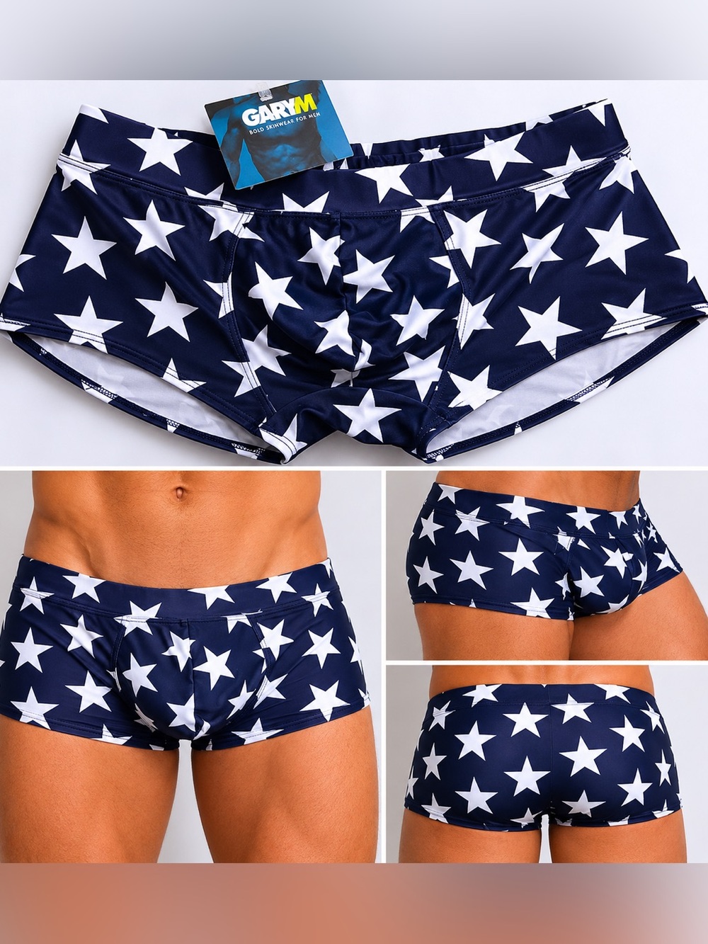 Gary Majdell Sport Mens New Solid Hot Body Boxer Swimsuit Navy Stars NEW XL